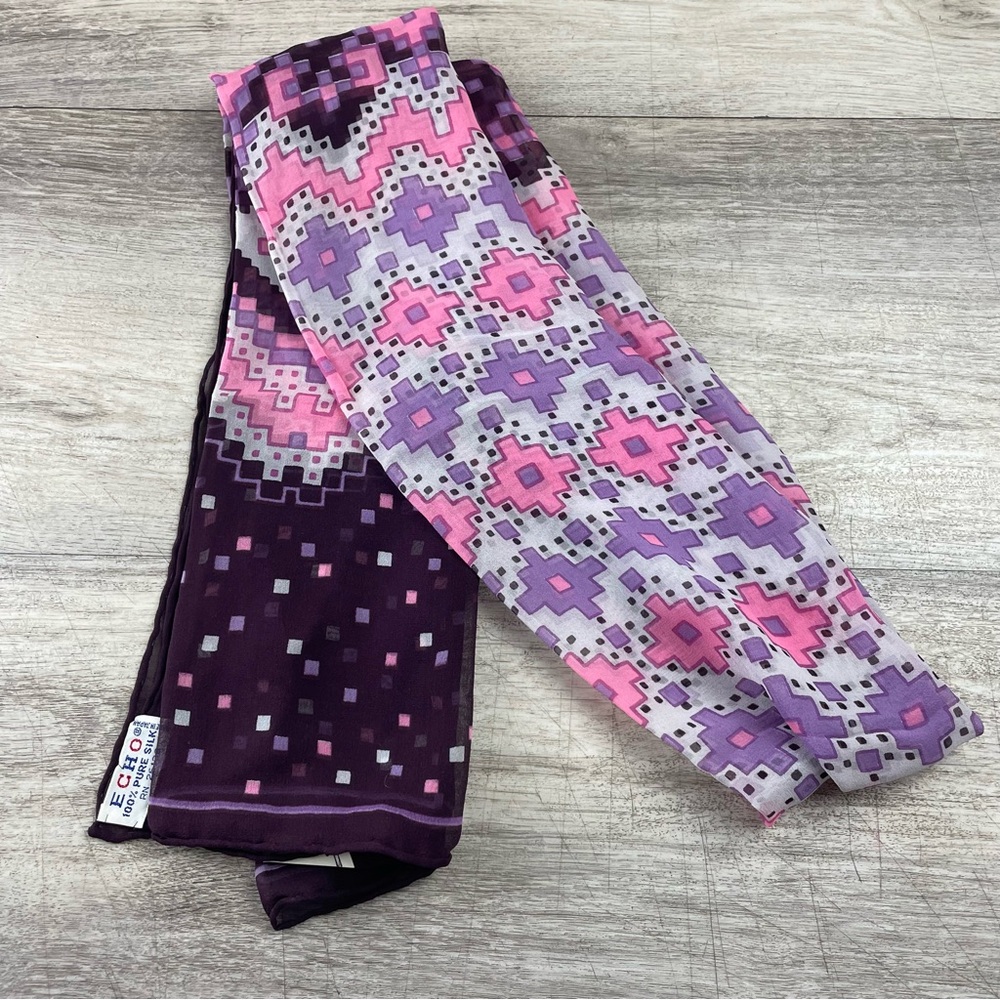 Echo Originations 100% Silk Purple Pink Geometric Scarf Made in Japan 15” X 59”